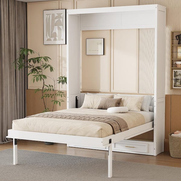 Beige Wood Frame Full Size Murphy Bed with 2 Drawers