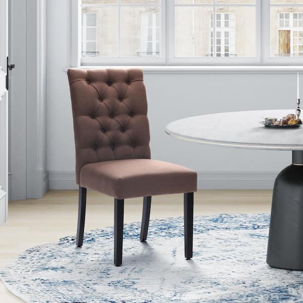 NINA Button Tufted Back Brown Linen Upholstered Dining Side Chair