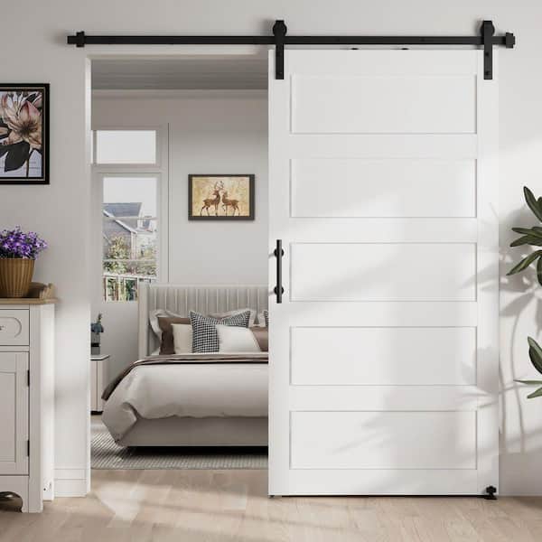 36 in. x 84 in. White 5-Panel Latticework MDF Sliding Barn Door Slab with Hardware Kit
