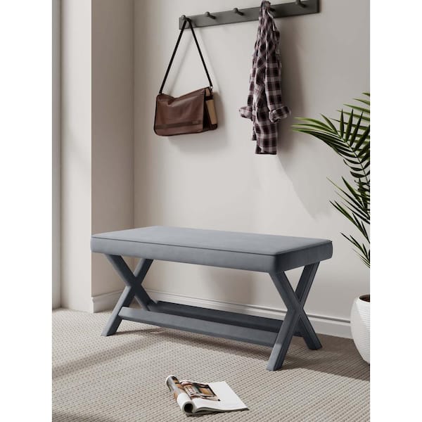 Manhattan Comfort Abigail Mid-Century Modern Grey Velvet Upholstered Double Ottoman Bench
