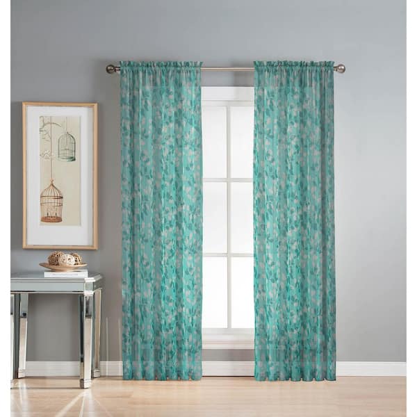 Window Elements Sheer Pinehurst Printed 54 in. W x 84 in. L Rod Pocket Extra Wide Curtain Panel in Sheer Aqua