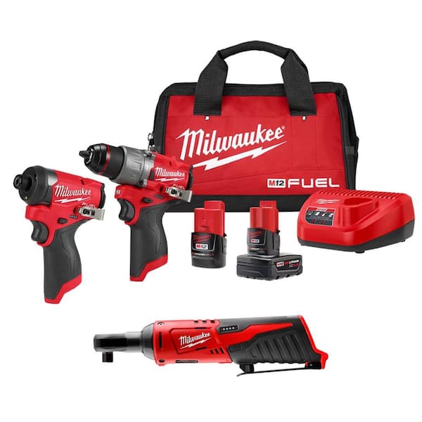 Milwaukee M12 FUEL 12-Volt Li-Ion Brushless Cordless Hammer Drill and Impact Driver Combo Kit (2-Tool) with M12 3/8 in. Ratchet