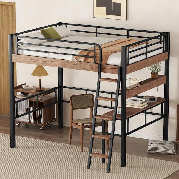 Polibi Metal Full Size Loft Bed with Built-in Desk, Storage Shelf and Ladder, Black