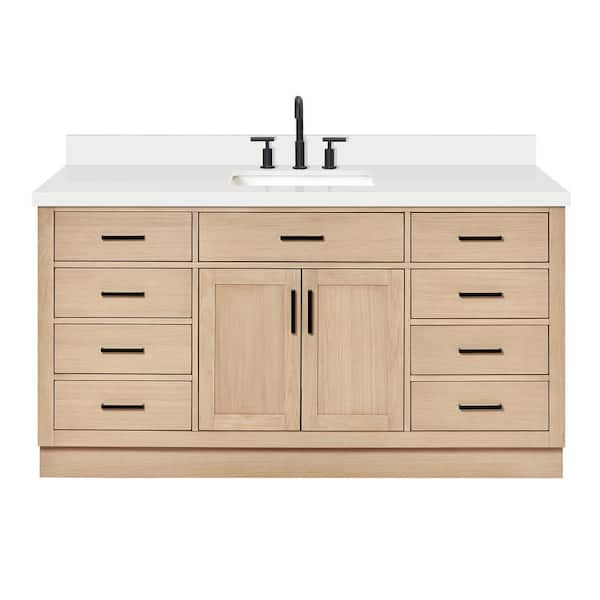 Hepburn 67 in. W x 22 in. D x 36 in. H Single Freestanding Bath Vanity in Oak with Pure White Quartz Top