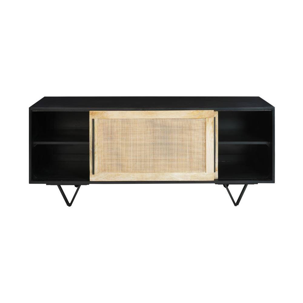 60" Black and Natural Wood TV Media Console with Cane Doors
