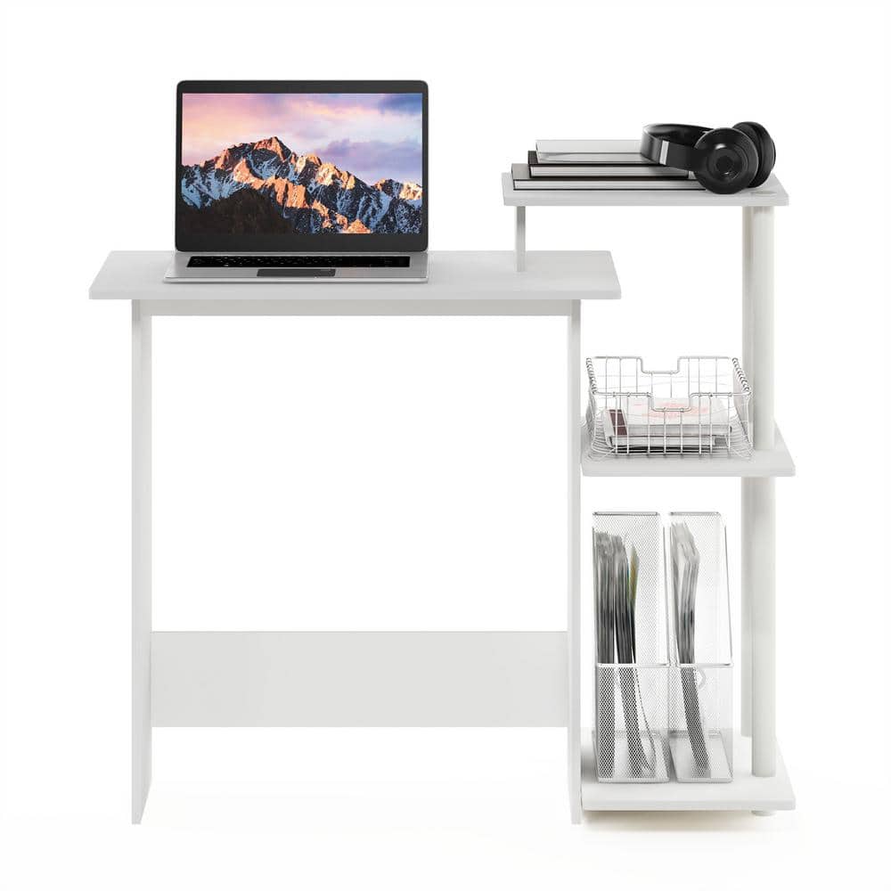 White Compact Wood Laptop Desk with Side Shelves