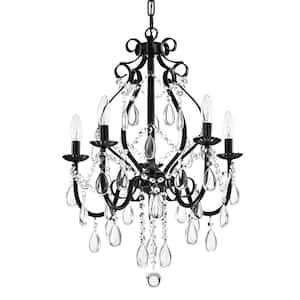 Amorette 5-Light Antique Black Candle Style Traditional Glam Chandelier with Teardrop Hanging Crystals