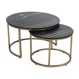 30 in. Kyle Black and Gold Round Marble Top Material 2-pieces Nesting Coffee Table