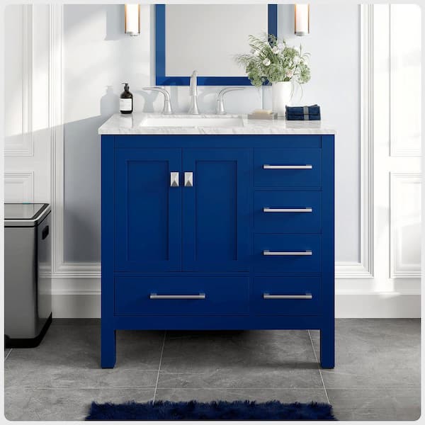 Eviva Aberdeen 36 in. W x 22 in. D x 34 in. H Bath Vanity in Blue with White Carrara Marble Top with White Sink