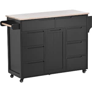 Black Wood Countertop 53.15 in. Kitchen Island Cart, 8-Drawers, 1-Flatware Organizer and 5-Wheels