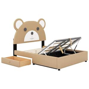 Brown Full Size Platform Bed with Bear Shaped Headboard and Hydraulic Storage