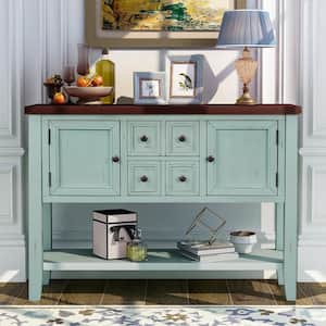 46 in. Retro Blue Rectangle Wood Console Sofa Table Buffet Sideboard with 4-Storage Drawers 2-Cabinets and Shelf