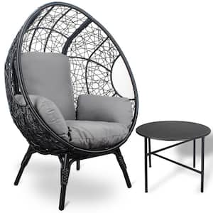 Black Wicker Egg Chair Indoor Outdoor Lounge Chair with Gray Cushions and Side Table for Porch, Patio, Balcony