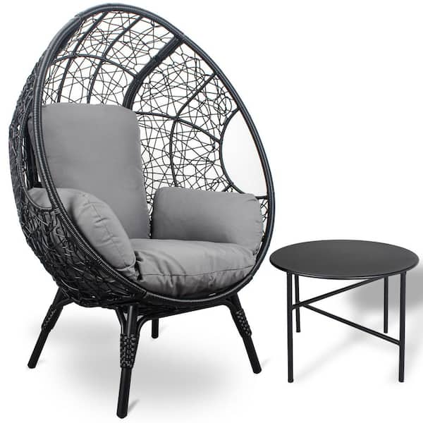 Unbranded Black Wicker Egg Chair Indoor Outdoor Lounge Chair with Gray Cushions and Side Table for Porch, Patio, Balcony
