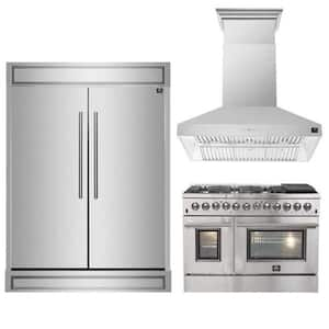 3-Piece Galiano 48". Dual Fuel 8 Burner Range, Maderno 60" Refrigerator/Freezer, Orvieto 48" Range Hood Stainless Steel