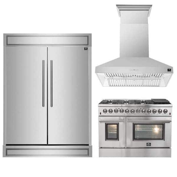 Forno 3-Piece Galiano 48". Dual Fuel 8 Burner Range, Maderno 60" Refrigerator/Freezer, Orvieto 48" Range Hood Stainless Steel