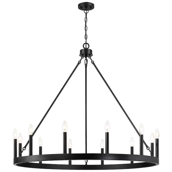 TRUE FINE Williston 40 in. 12-Light Black Candlestick Wagon Wheel Chandelier