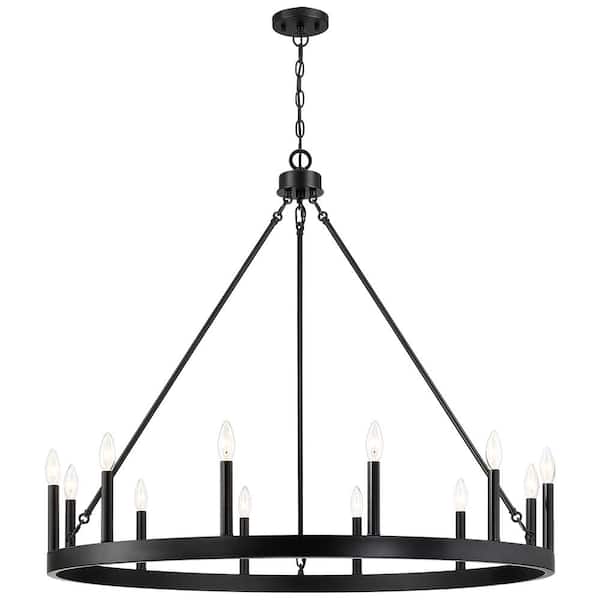 Williston 40 in. 12-Light Black Candlestick Wagon Wheel Chandelier