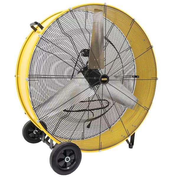 42 in. Yellow Drum Fan, 2 speeds, 4/5 HP Motor, 26,800 CFM Airflow, 9-ft Cord. Ideal for Workshops, Garages, etc