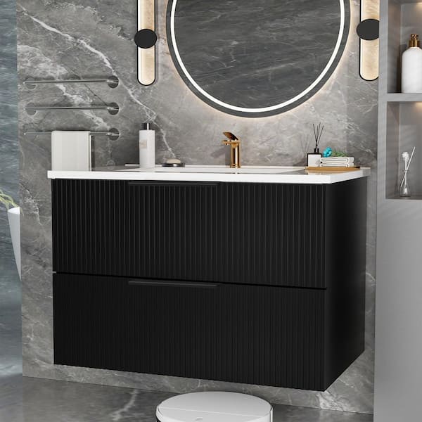 36 in. Single Sink Floating Matte Black Bath Vanity with White Ceramic Top