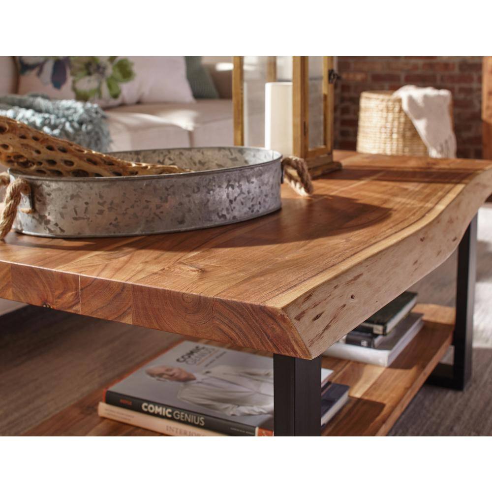 Alpine Natural Acacia Wood and Black Metal Rectangular Coffee Table