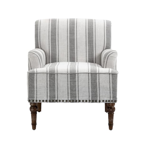 Uixe Modern Gray Striped Linen Fabric Upholstered Accent Armchair With Wooden Legs (Set of 1)