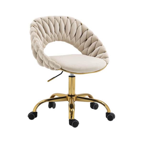 Unbranded Velvet Woven Cutout Soft Back Adjustable Height Swivel Ergonomic Computer Chair in Ivory with 5-Wheels