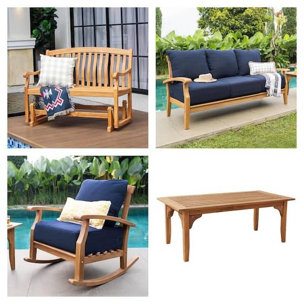 Torrey Teak Outdoor Couch, Rocking Chair, Coffee Table and Colton Glider Bench Set