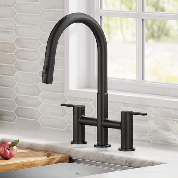 Oletto Double Handle Bridge Kitchen Faucet with Pull-Down Sprayhead in Matte Black