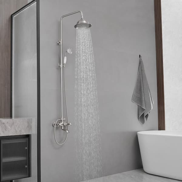 3-Spray Wall Slid Bar Round Rain Shower Faucet with Hand Shower 2 Cross Handles in Nickel (Valve Included)