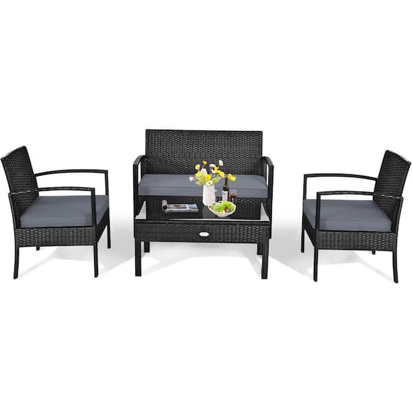 Gymax 4-Pieces Rattan Wicker Garden Patio Furniture Set Black Rattan with Gray Cushion