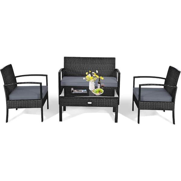 4 Pieces Rattan Wicker Patio Garden Furniture Set Black With Gray Cushion Gym01325 The Home Depot - Black Rattan Garden Furniture With Grey Cushions