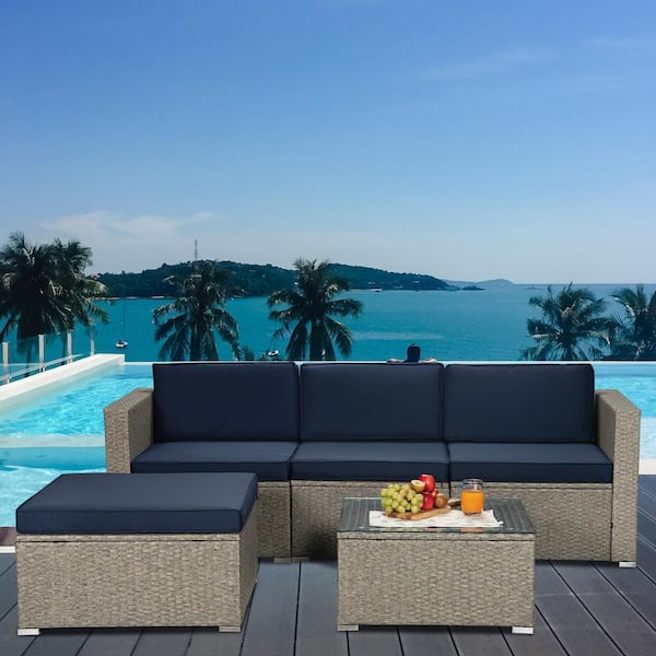 Nestfair Gray Mix Yellow 5-Piece Wicker Patio Conversation Set with Navy Cushions