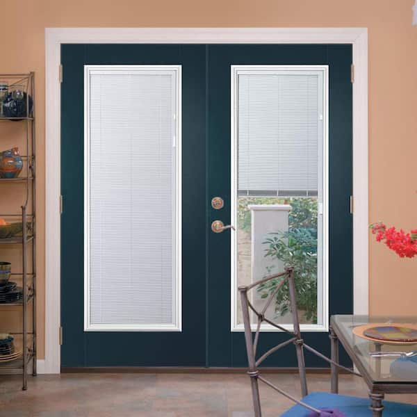 60 in. x 80 in. Night Tide Steel Steel Prehung Left-Hand Inswing Mini Blind Patio Door in Vinyl Frame with Brickmold