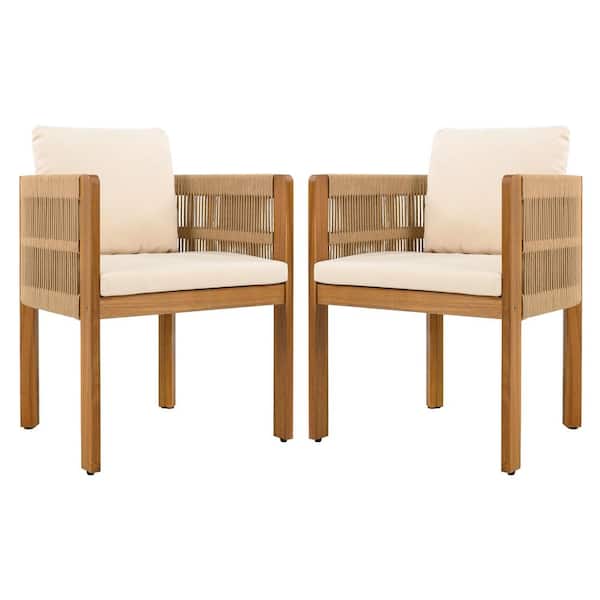 Acacia Wood Outdoor Dining Chair with Beige Cushions for Backyard, Garden (2-Pack)