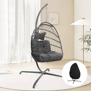 Foldable 350 lbs. 1-Person Wicker Porch Swing with Gray Body, Dark Gray Custion with Cover, Hanging Egg Chair with Stand