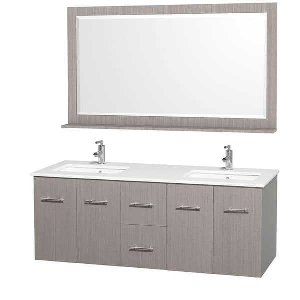 Wyndham Collection Centra 60 in. Double Vanity in Grey Oak with Man-Made Stone Vanity Top in White and Square Porcelain Undermounted Sinks