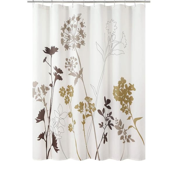 Floral Polyester Shower Curtain 72 x 78 Waterproof Beige Brown Grey Plant Design for Bathroom with Metal Grommets
