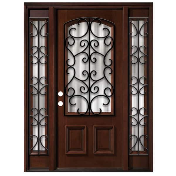 Steves & Sons 64 in. x 80 in. Iron Grille 3/4- Arch Lite Stained Mahogany Wood with Sidelites