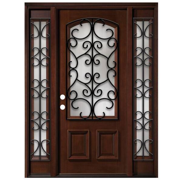 Steves & Sons 68 in. x 80 in. Iron Grille 3/4- Arch Lite Stained Mahogany Wood with Sidelites