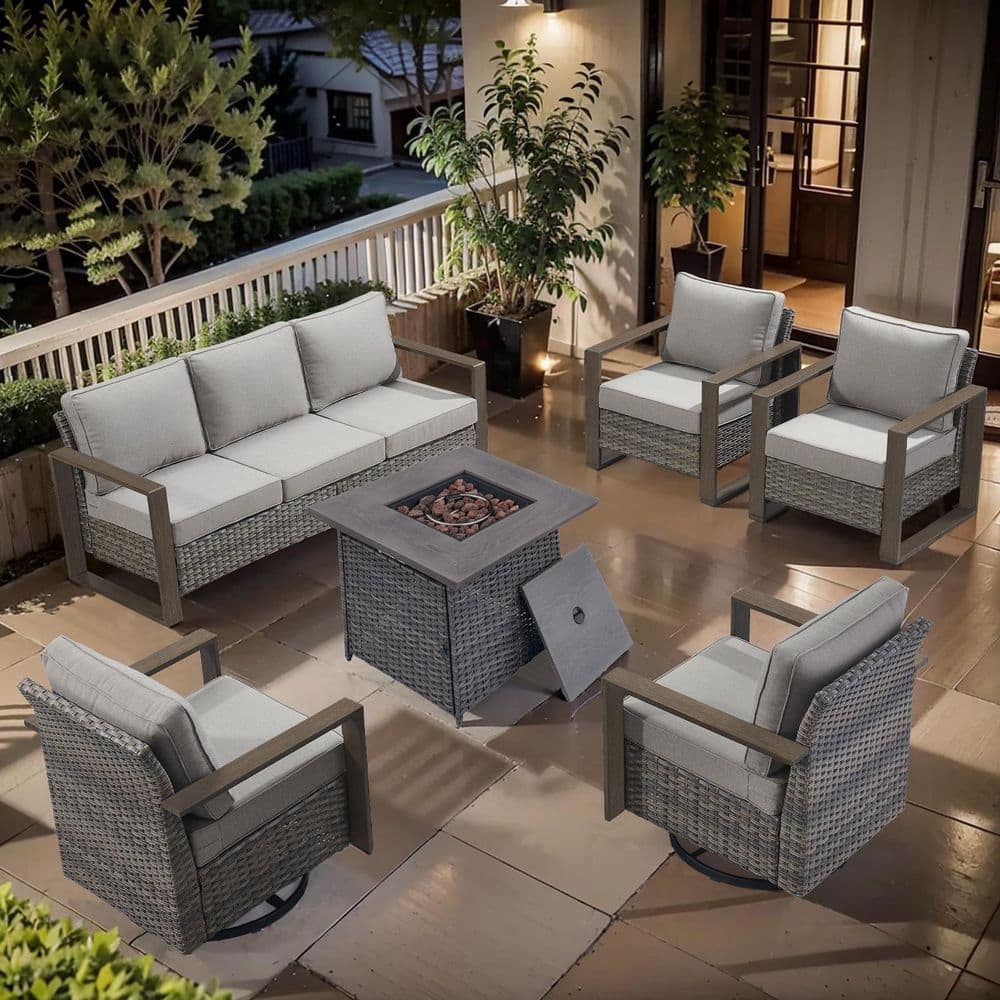 Cube Edge 6-Piece Gray Wicker Fire Pit Conversation Set with Olefin Gray Cushions and Armed Chair/Patio Swivel Chairs price history on PriceWatchPro