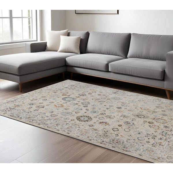 8 ft. x 11 ft. Ivory Blue And Gray Floral Medallion Area Rug