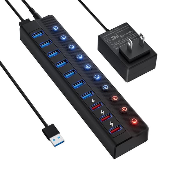 Lukyamzn 10-Port USB Hub Splitter 7-Data Transfer 3-Smart Charging Ports with LED Switches for Mac PC and More