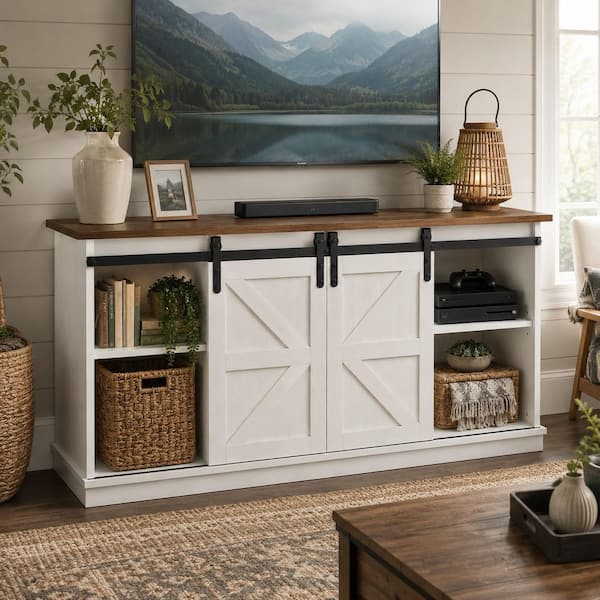 Modern White Wood TV Stand Fits TVs Up to 65 in. Entertainment Center with Adjustable Shelves and Sliding Door