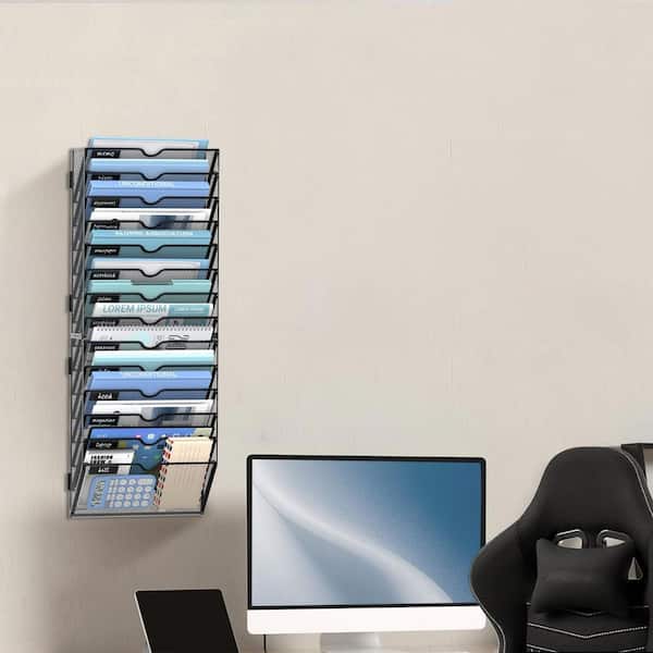 33.66 in. H 14 Tier Wall Hanging File Organizer, Metal Mesh Wall Mounted Black Paper Folder Holder with Label Panels