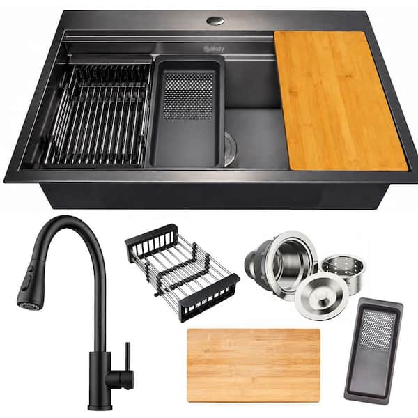 All-in-One Matte Black Stainless Steel 33 in. x 22 in. Single Bowl Drop-in Kitchen Sink with Pull-down Faucet