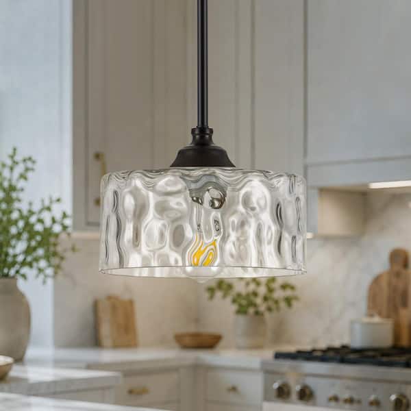 RayHome 1-Light Matte Blak Pendant Light with Clear Water Glass Shade,Ceiling Light for Kitchen Island, Dining Room