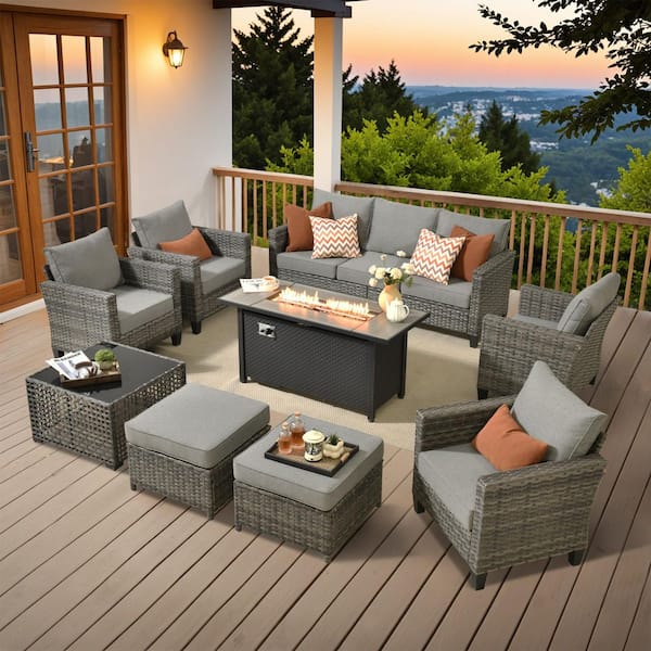 Scarlet 9-Piece Wicker Outdoor Fire Pit Patio Conversation Sofa Set with a Solar Lighted Table and Dark Grey Cushions