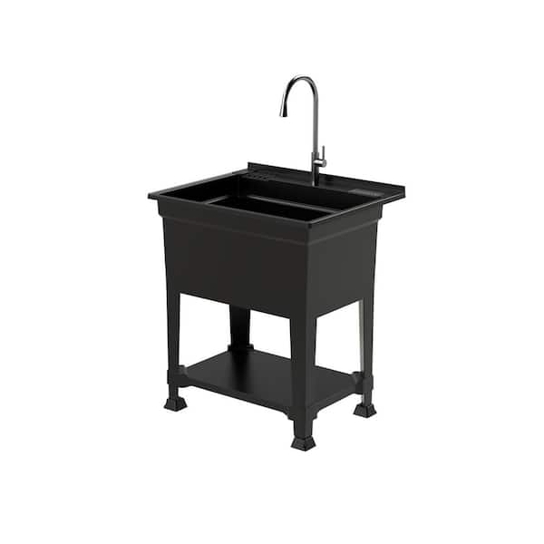 30 in. W x 24 in. D x 35 in. H Freestanding Laundry/Utility Sink in Black with Stainless Steel Pull-Down Faucet