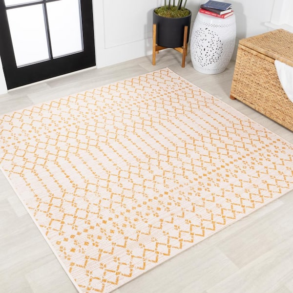 JONATHAN Y Ourika Moroccan Geometric Textured Weave Cream/Yellow 5 ft. Square Indoor/Outdoor Area Rug